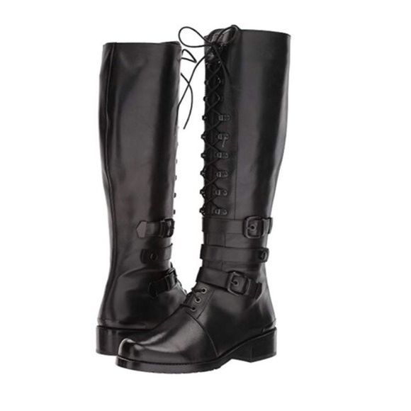 Stuart Weitzman 6.5 Police Lady Black Velour Knee High Combat Boots Lace Up Zip - Picture 2 of 11